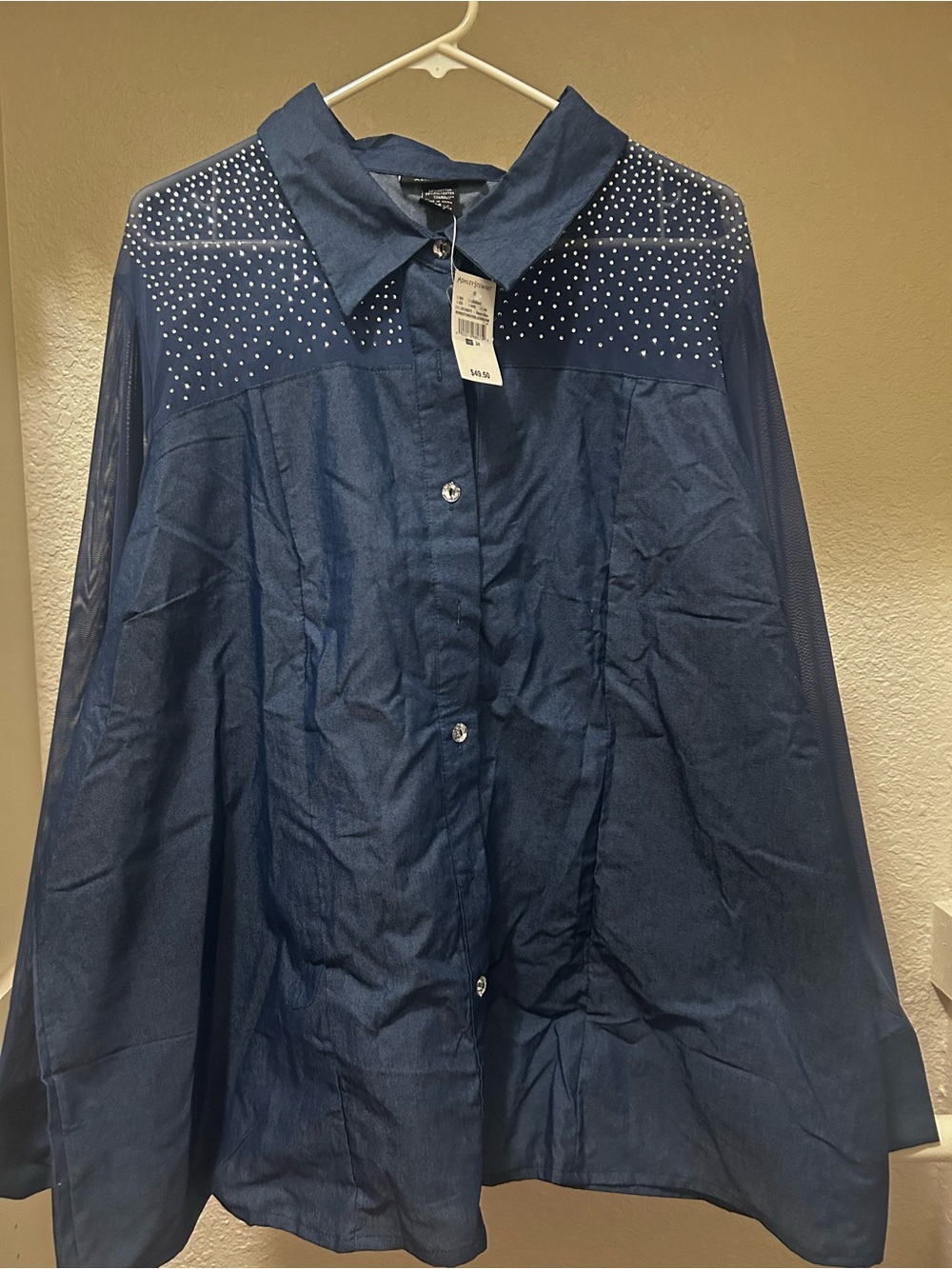 Ashley Stewart Navy Button-Down Shirt with Studded Yoke - Picture 2 of 3